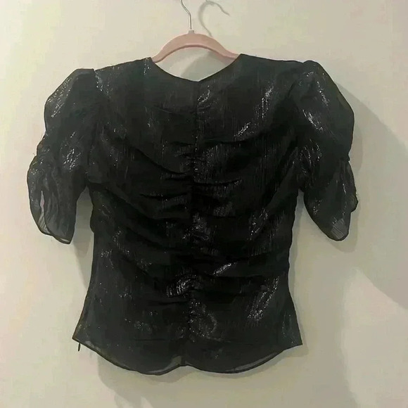 NWOT FRAME Ruched Sleeve Keyhole Top Metallic Silk Blend Black Size XS - Picture 10 of 12